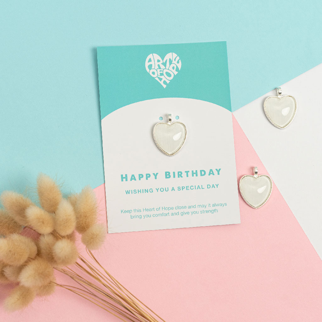 White Happy Birthday Heart Pendant